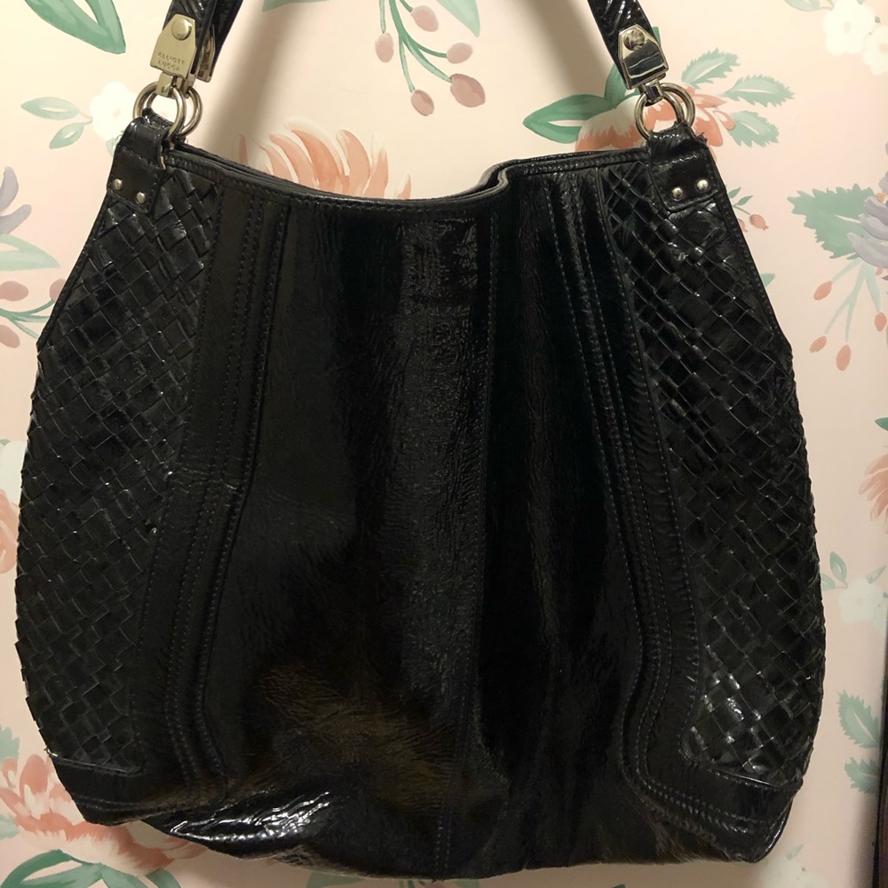 Elliott Lucca Black Patent-Leather Woven Satchel